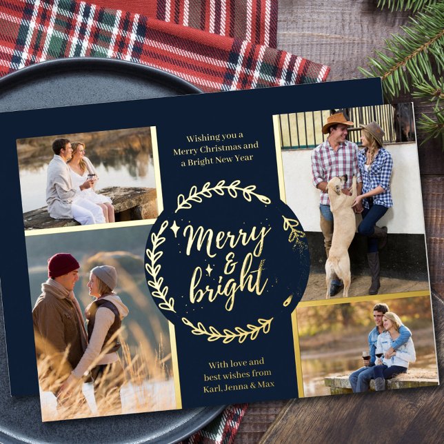 Merry and Bright 4 Photo Collage Blue and Gold Foil Holiday Card (Creator Uploaded)