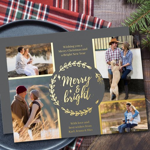 Merry and Bright 4 Photo Collage Gray and Gold Foil Holiday Card