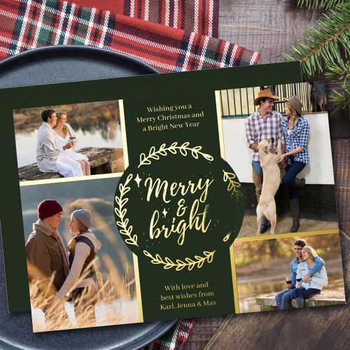 Merry and Bright 4 Photo Collage Green and Gold Foil Holiday Card