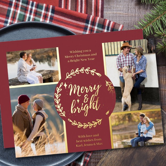 Merry and Bright 4 Photo Collage Red and Gold Foil Holiday Card (Creator Uploaded)