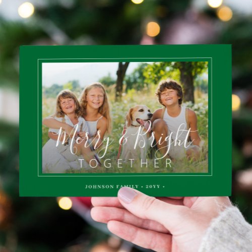 Merry and Bright 4 photos modern Christmas green Holiday Card