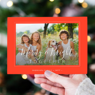 Merry and Bright 4 photos modern Christmas orange Holiday Card