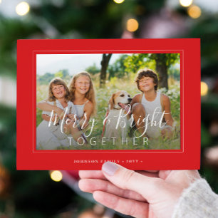 Merry and Bright 4 photos modern Christmas red Holiday Card