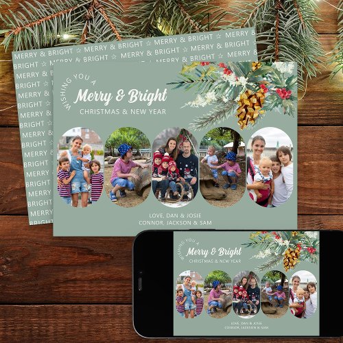 Merry and Bright 5 Family Photo Holly and Pine Holiday Card