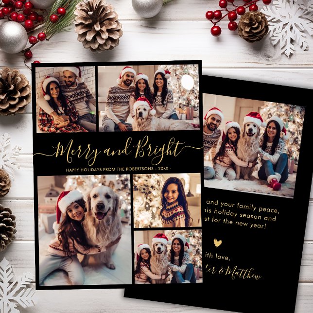 Merry and Bright 5 Photo Collage Christmas Holiday Card (Creator Uploaded)
