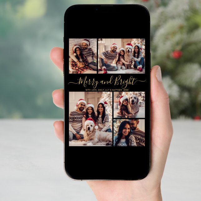 Merry and Bright 5 Photo Collage Christmas Holiday Card (Front Digital)