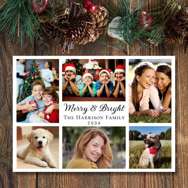 Merry And Bright 6 Photo Collage Christmas Holiday Card (This holiday season, let your family's smiles and heartwarming memories shine on our 6 photo card)