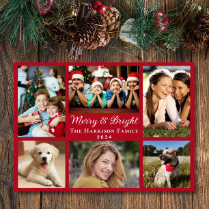 Merry And Bright 6 Photo Collage Red Christmas Holiday Card