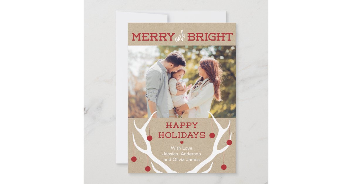 Merry and Bright Antler Christmas Card Zazzle