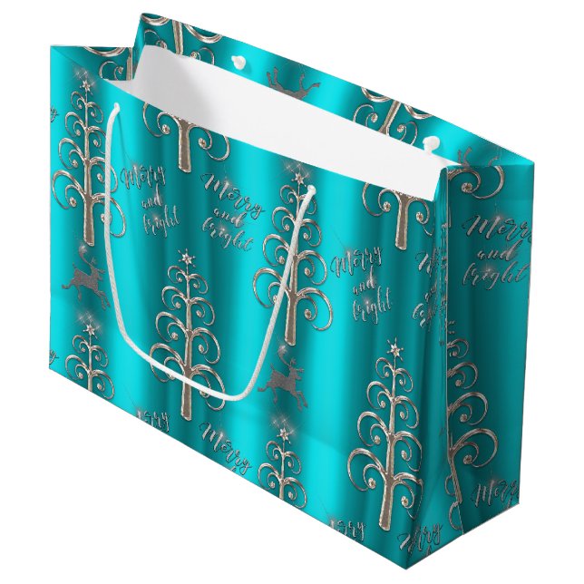 Merry and Bright Aqua and Silver Christmas Large Gift Bag (Front Angled)
