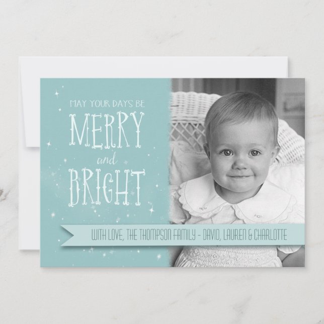 Merry and Bright Aqua Personalized Holiday Card (Front)