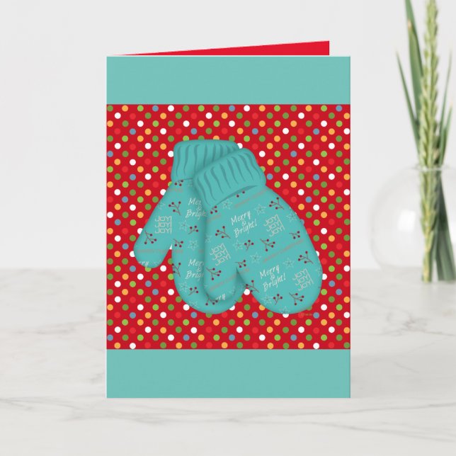 Merry and Bright Aqua Whimsical Christmas Mittens Holiday Card (Front)