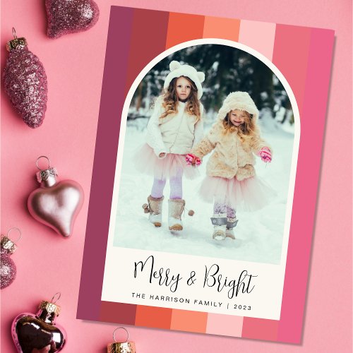 Merry And Bright Arch Photo Pink Christmas Holiday Card