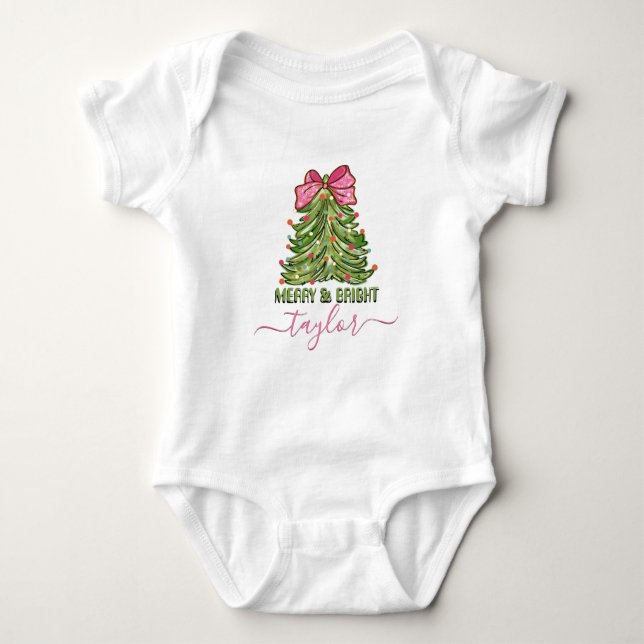 Merry and Bright Baby Name Custom Christmas tree  Baby Bodysuit (Front)
