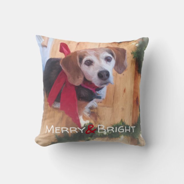 Merry and Bright Beagle Dog Red Bow Christmas Throw Pillow (Front)
