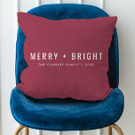 Merry and Bright | Berry Vintage Rose Christmas Throw Pillow<br><div class="desc">A stylish modern holiday pillow with a bold typography quote "Merry   Bright" in white with a rose raspberry dusky berry pink feature color. The greeting and name can be easily customized for a personal touch. A trendy,  minimalist and contemporary christmas design to stand out this holiday season! #christmas #merryandbright</div>