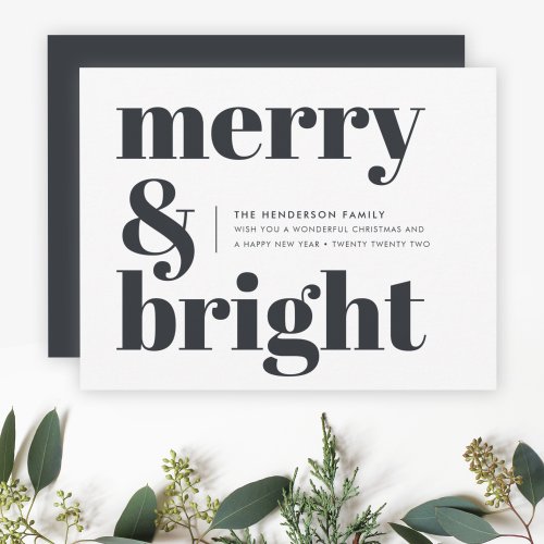 Merry and Bright Black and White Trendy Christmas Holiday Card