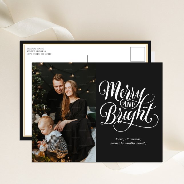 Merry and Bright Black Calligraphy Modern Photo Holiday Postcard (Creator Uploaded)