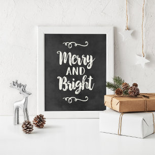 Merry and Bright Black Chalkboard Christmas Art Poster