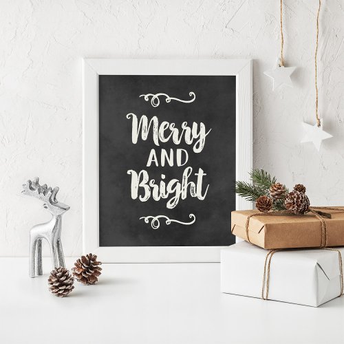 Merry and Bright Black Chalkboard Holiday Wall Poster