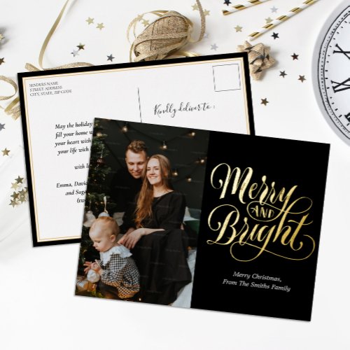 Merry and Bright Black Gold Calligraphy Photo Foil Holiday Postcard