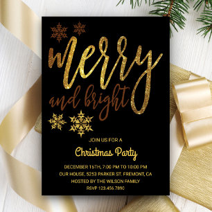 Merry and Bright   Black Gold Christmas Party Invitation
