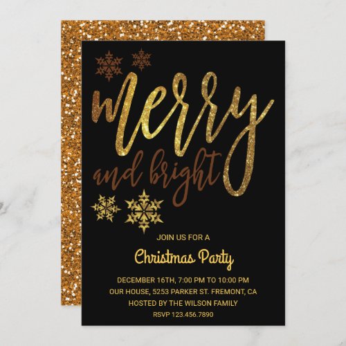 Merry and Bright  Black Gold Christmas Party Invitation