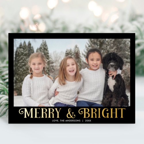 Merry and Bright black gold modern one photo Foil Holiday Card