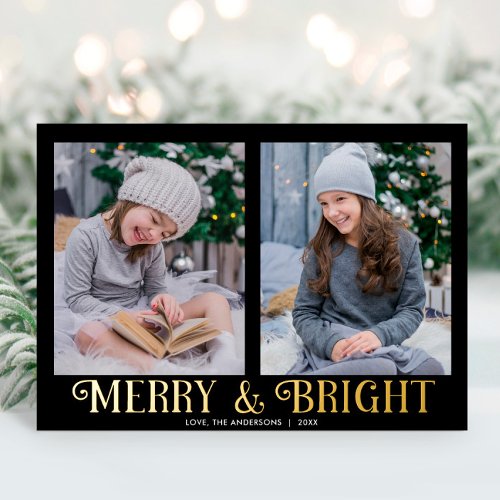 Merry and Bright black gold modern two photos Foil Holiday Card