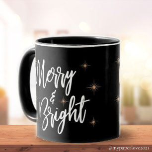 Merry and Bright Black Gold Star Elegant Christmas Mug