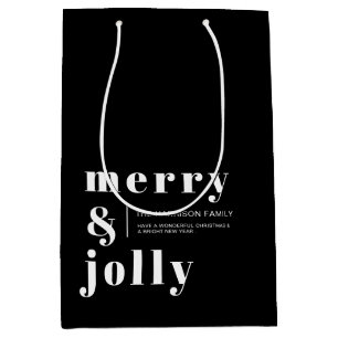 Merry and Bright Black Modern Christmas Holiday Medium Gift Bag
