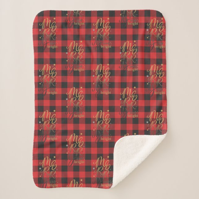 Merry and Bright Black Red Rustic Plaid Christmas Sherpa Blanket (Front)