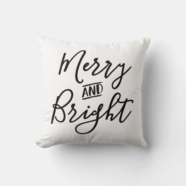 Merry and Bright Black White Script Christmas Throw Pillow (Front)