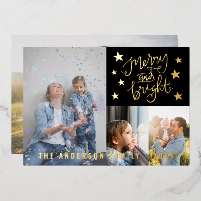Merry and Bright BlackPersonalized 4 Photo Gold Foil Holiday Card (Front/Back)