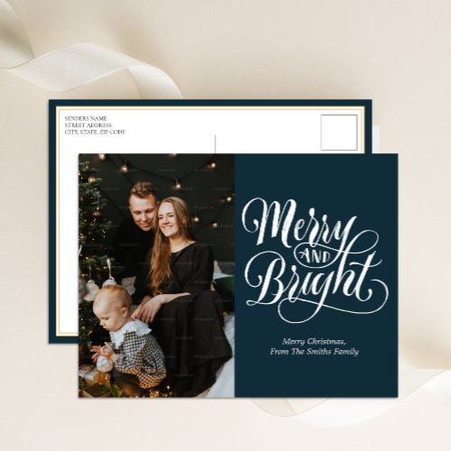 Merry and Bright Blue Calligraphy Modern Photo Holiday Postcard