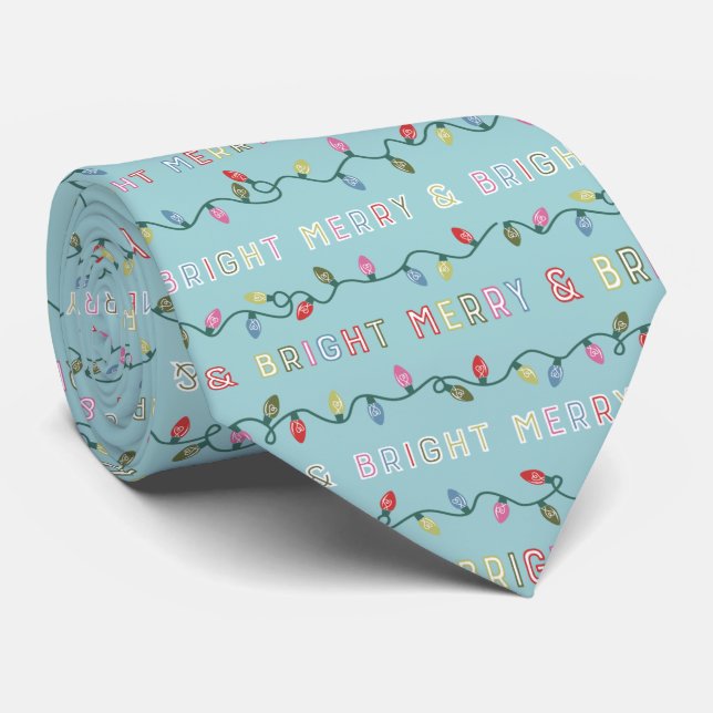 Merry and Bright Blue Christmas Lights Neck Tie (Rolled)