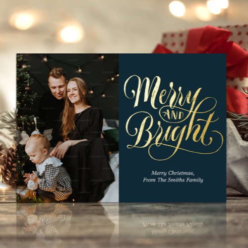 Merry and Bright Blue Gold Calligraphy Photo Foil Holiday Card