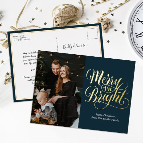 Merry and Bright Blue Gold Calligraphy Photo Foil Holiday Postcard