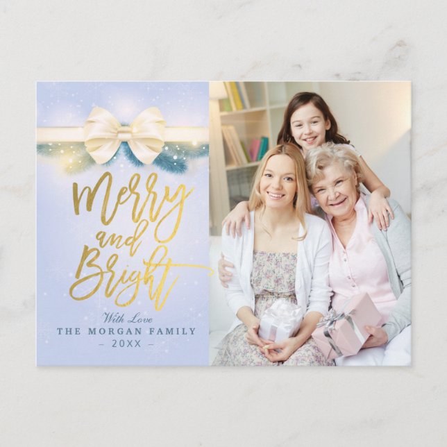 Merry and Bright Blue Gold Ribbon Greeting Photo Holiday Postcard (Front)