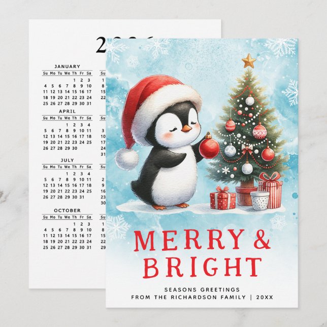 Merry and Bright Blue Red Custom Christmas Penguin Holiday Card (Front/Back)