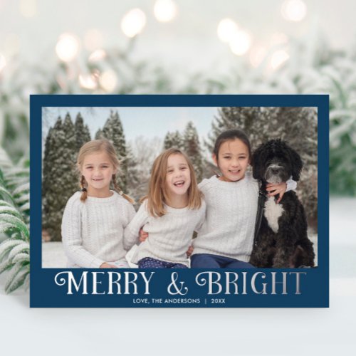 Merry and Bright blue silver modern one photo Foil Holiday Card