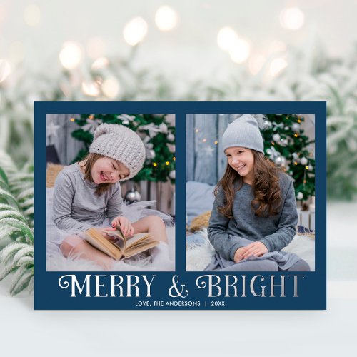 Merry and Bright blue silver modern two photos Foil Holiday Card