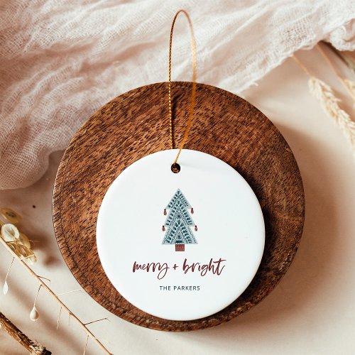 Merry and Bright  Boho Christmas Tree and Photo Ceramic Ornament