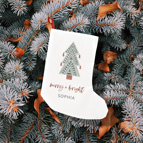 Merry and Bright  Boho Christmas Tree and Script Small Christmas Stocking