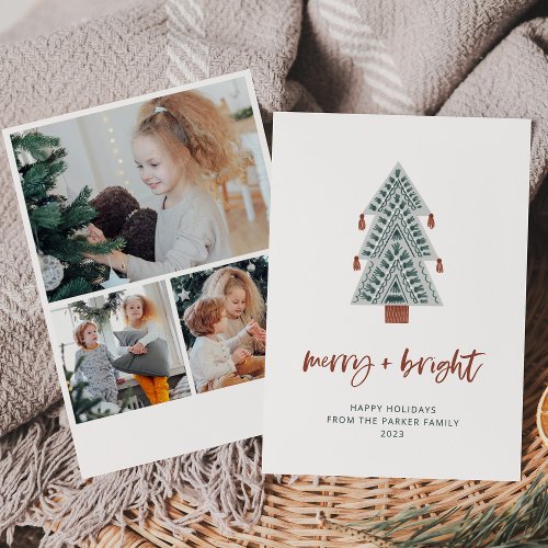 Merry and Bright  Boho Christmas Tree Multi Photo Holiday Card