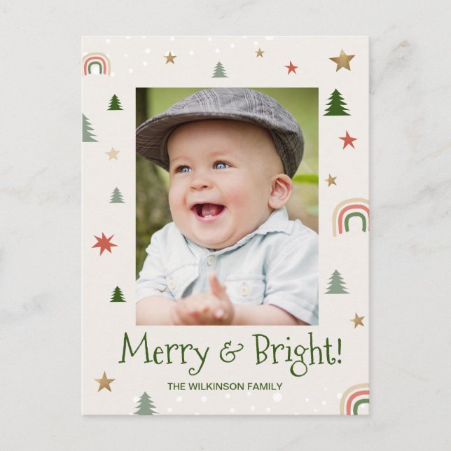 Merry and Bright Boho Shapes Custom Photo  Holiday Postcard (Front)