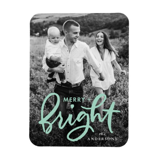 Merry and Bright Bold Mint Script Holiday Photo Magnet (Vertical)