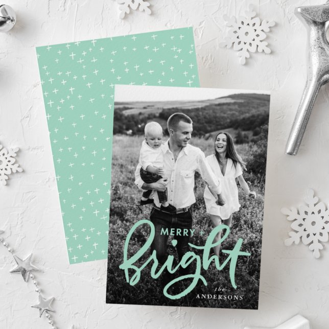 Merry and Bright Bold Mint Script Photo Holiday Card (Creator Uploaded)