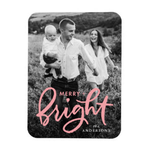 Merry and Bright Bold Pink Script Holiday Photo Magnet