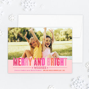 Merry and Bright Bold Pink Typography Photo Holiday Card